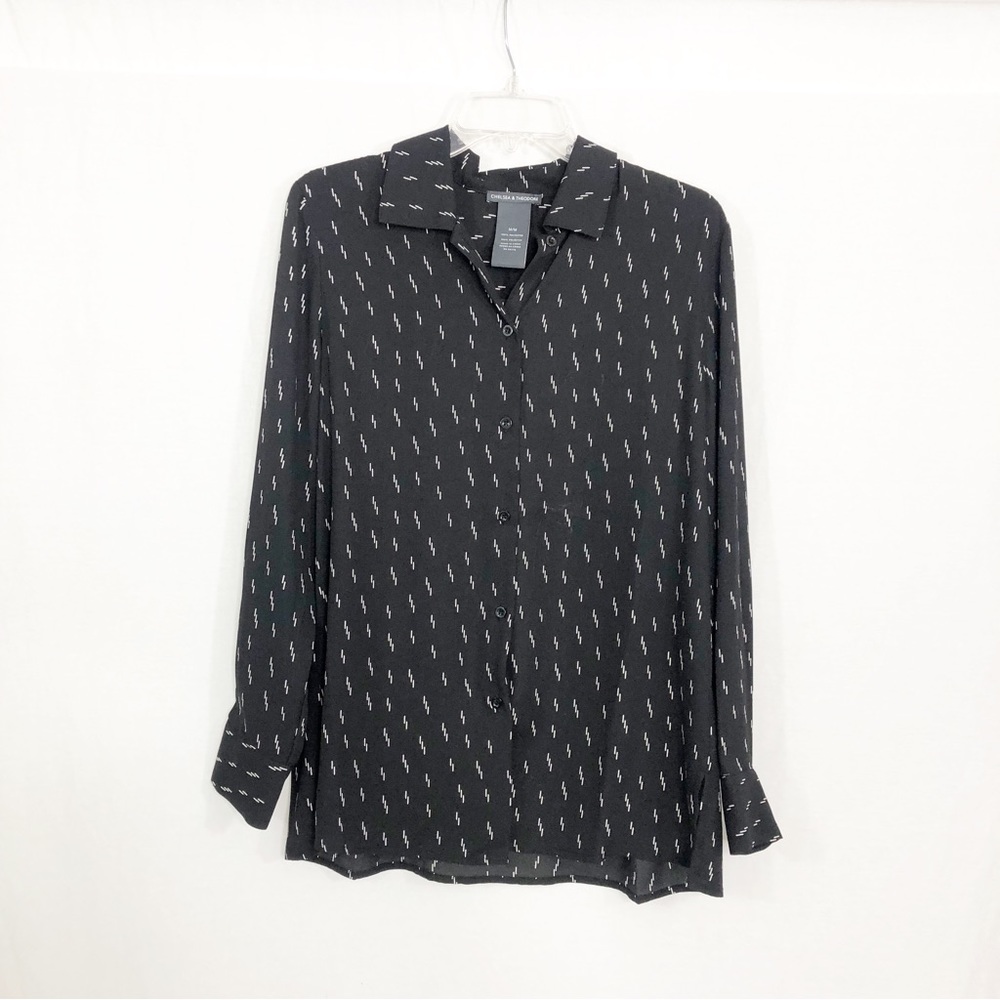 Chelsea & Theodore Button Front Tunic Blouse Top, Size Medium, Black White